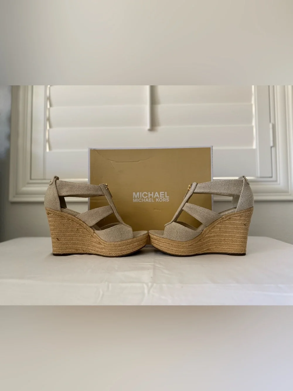Michael Kors Beige Canvas Espadrille Wedge Sandals - Damita Wedge